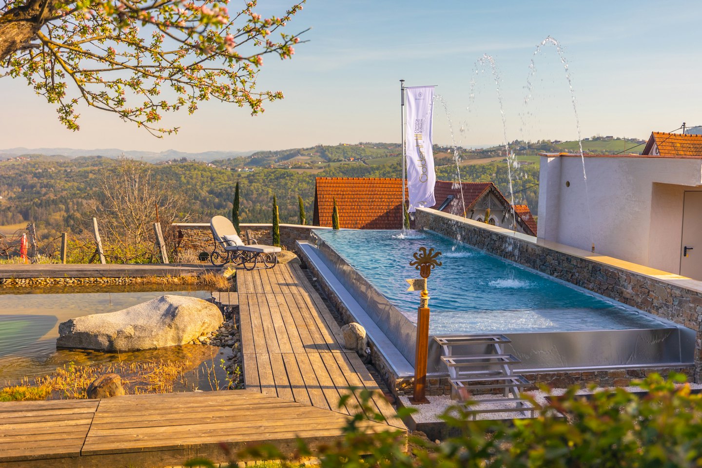 Infinity-Pool und Schwimmteich mit Blick auf grüne Hügel.